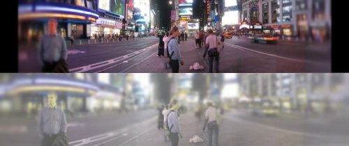 Comparazione tra visione umana e quella felina di una strada illuminata in città